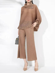 Elegant Beaded Plissé Pleated Sweater & Pant Set HEYFANCYSTYLE - Khaki