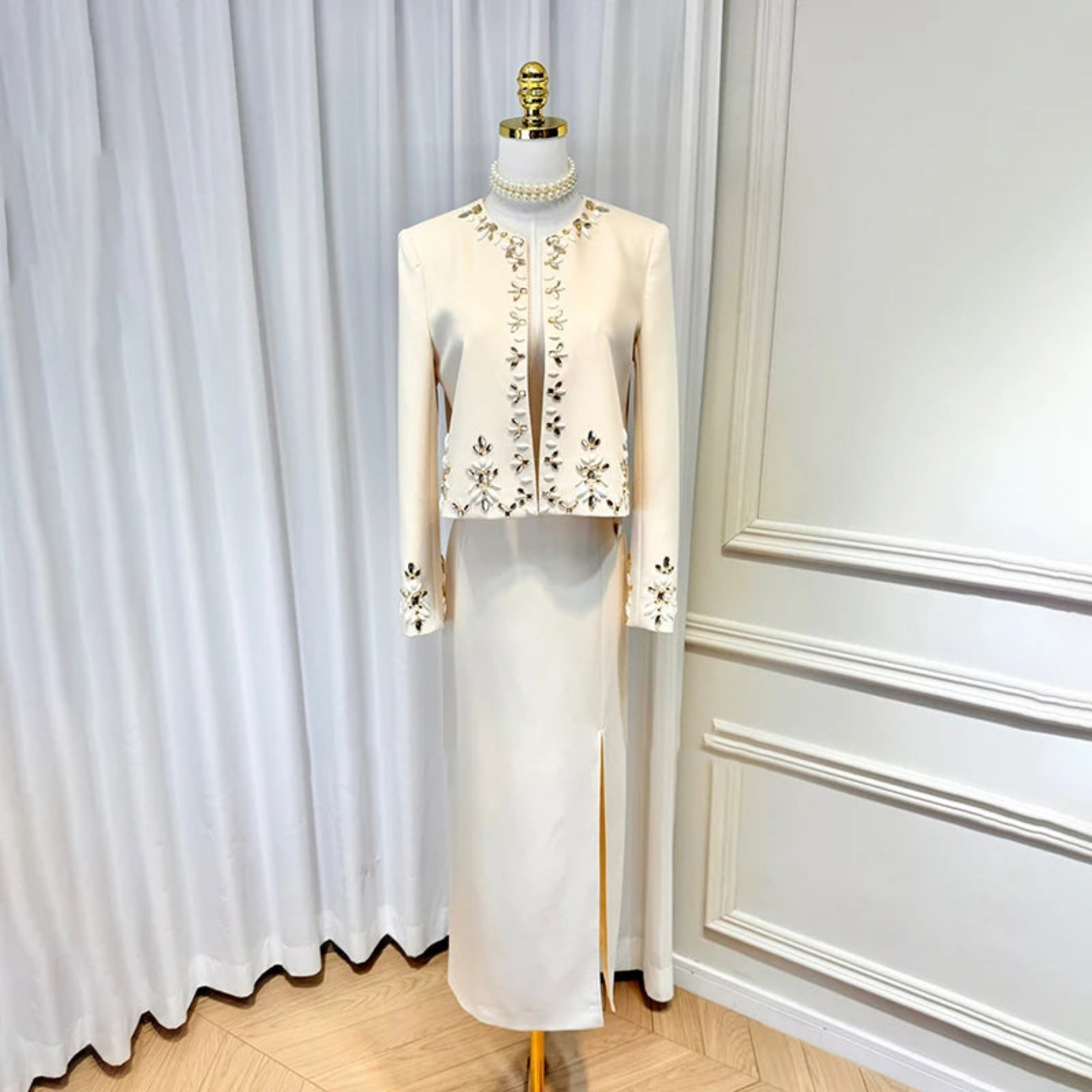 Elegant Crystal Embellished Skirt Suit Set - Formal Occasion Blazer and Maxi Skirt