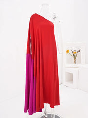 Elegant One-Sleeve Asymmetric Colorblock Dress - Red/Fuchsia Maxi Dress