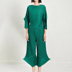 Elegant Women's Pleated Co-ord - Wide Leg, Kimono Sleeve, Luxury Crepe
