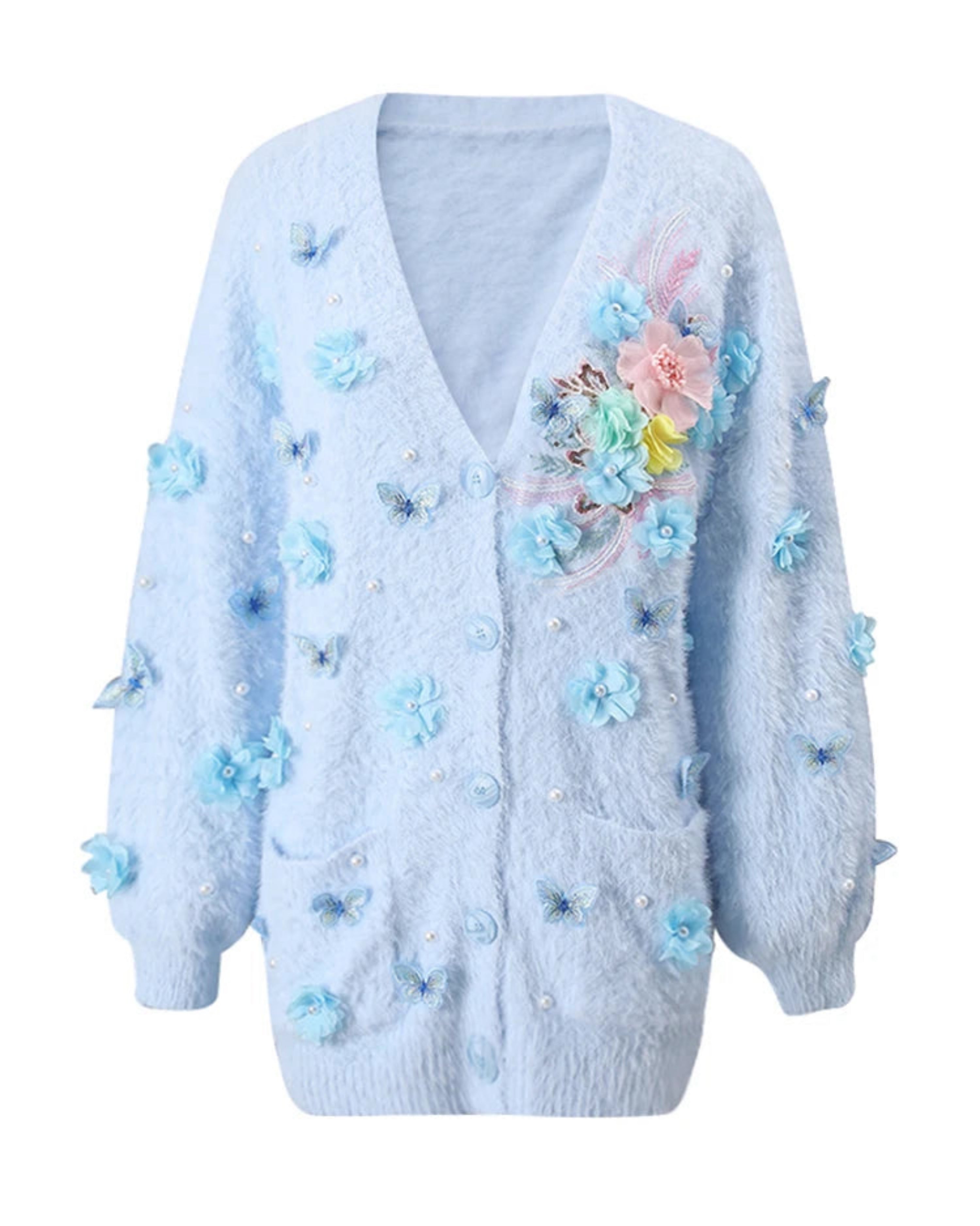Embroidered Designer Light Blue Cardigan Premium Knit Sweater  | HEYFANCYSTYLE