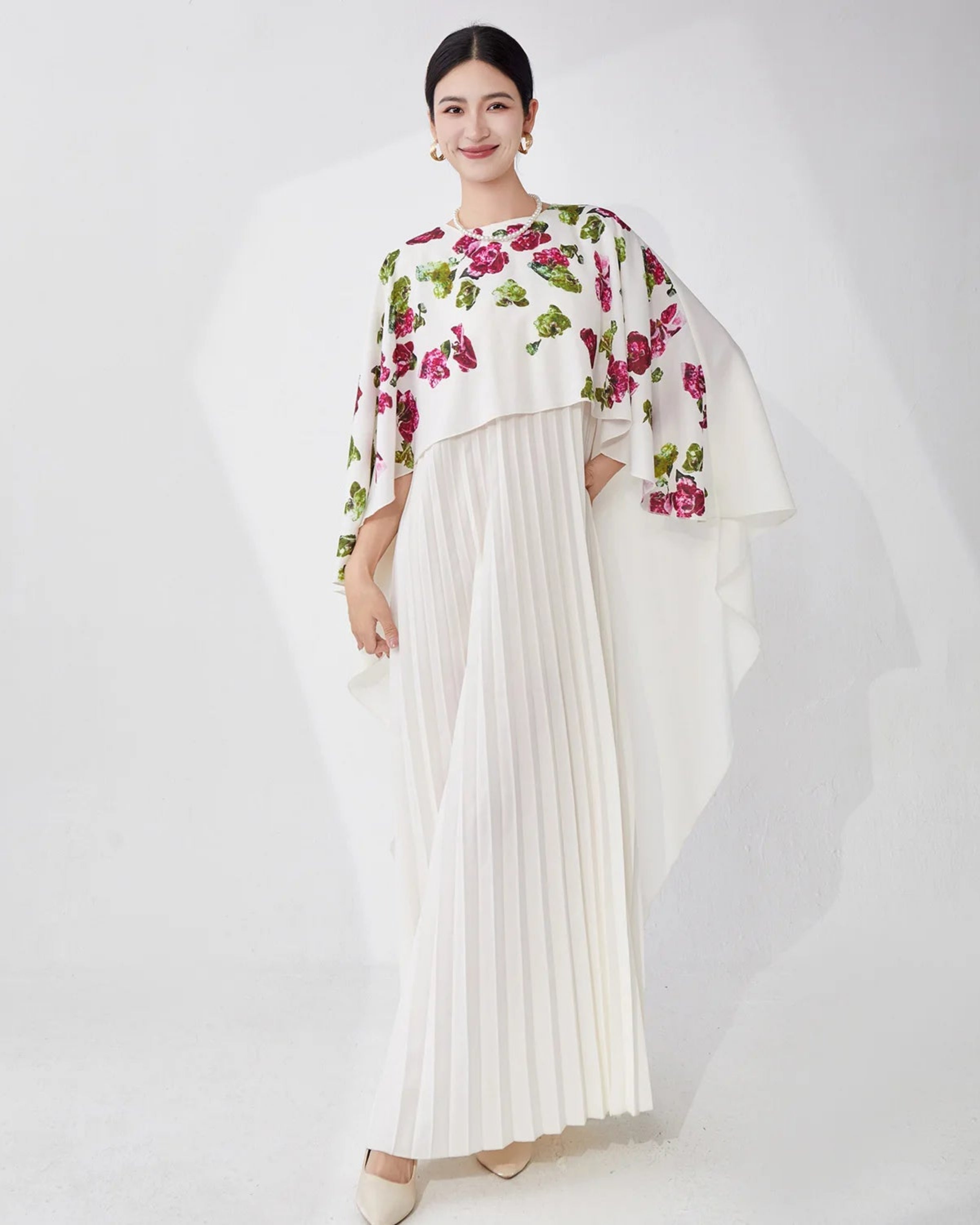 Formal Travel Japanese Plissé Midi Cape Dress