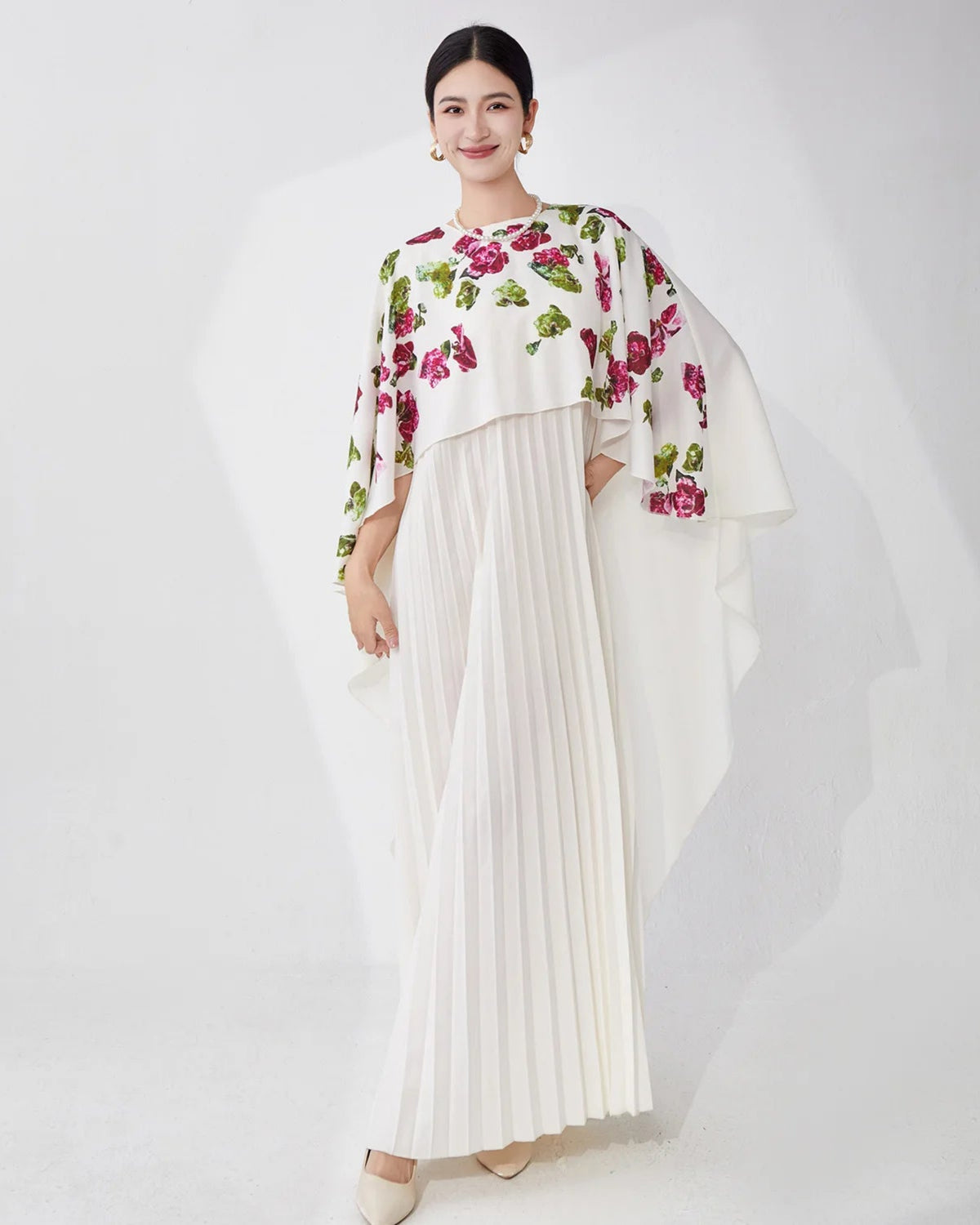Formal Travel Japanese Plissé Midi Cape Dress