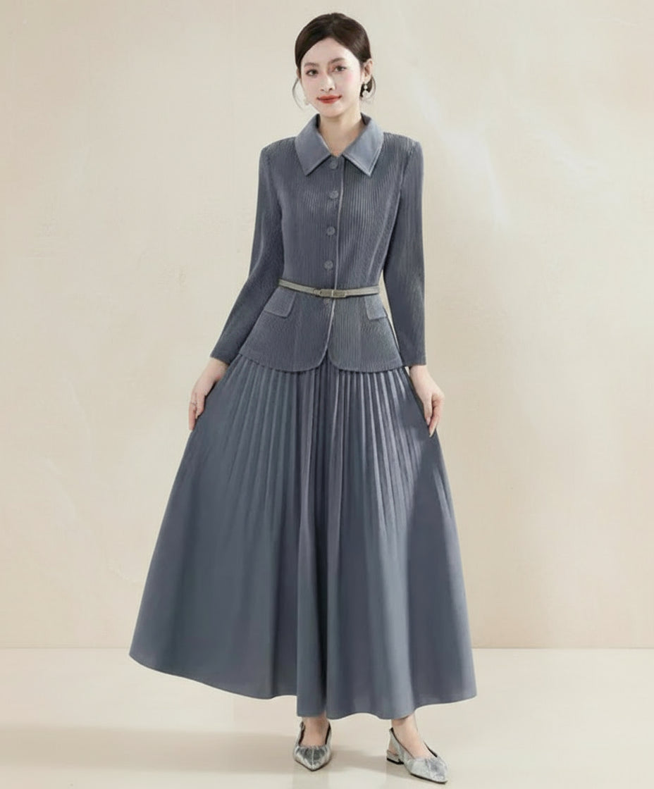 Formal Travel Japanese Plissé Pleated Midi Dress – Pleated Collared Long-Sleeve Design