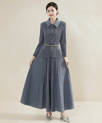 Formal Travel Japanese Plissé Pleated Midi Dress – Pleated Collared Long-Sleeve Design