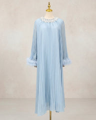 Formal Travel Luxury Plissé Midi Dress – Rhinestone Collar & Feather Cuffs