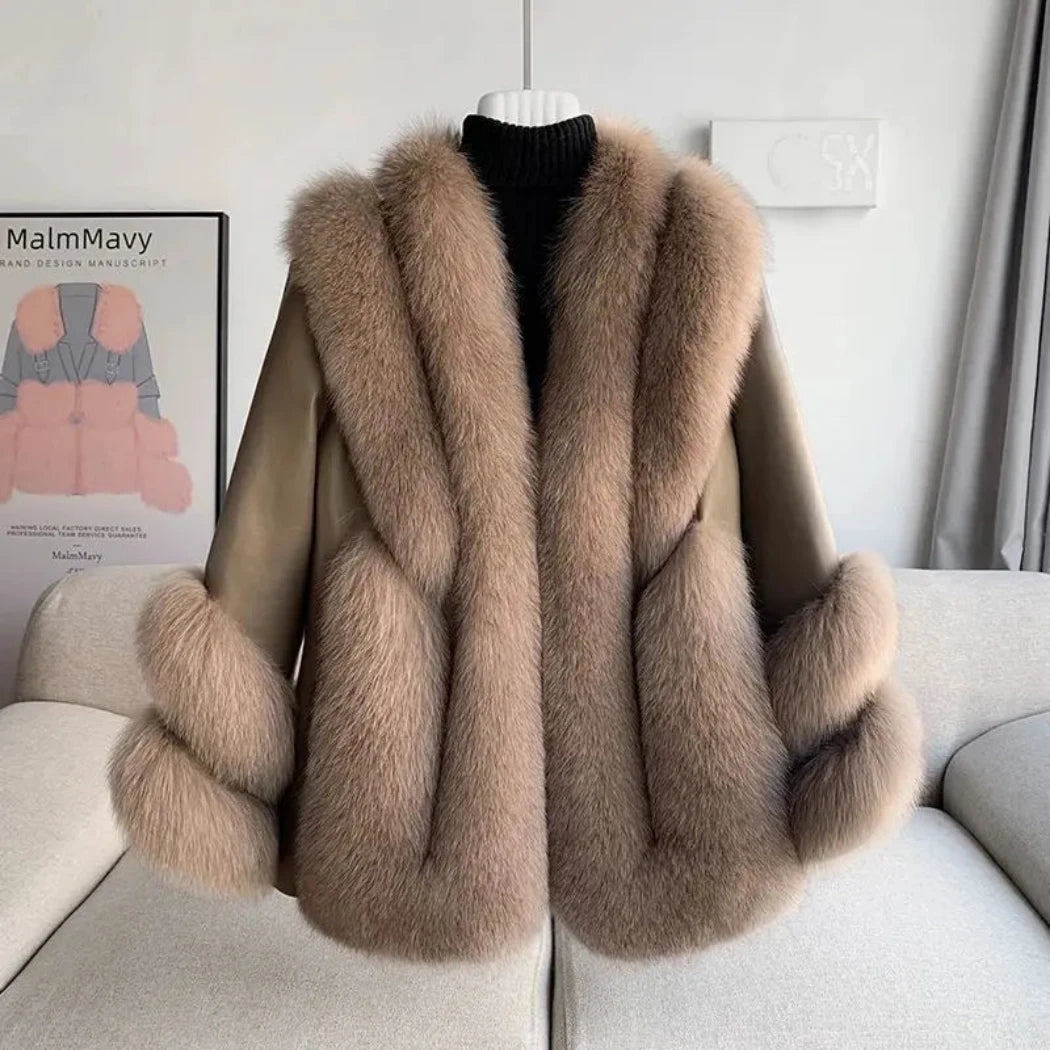 Fox Fur Leather Coat Women's - Beige