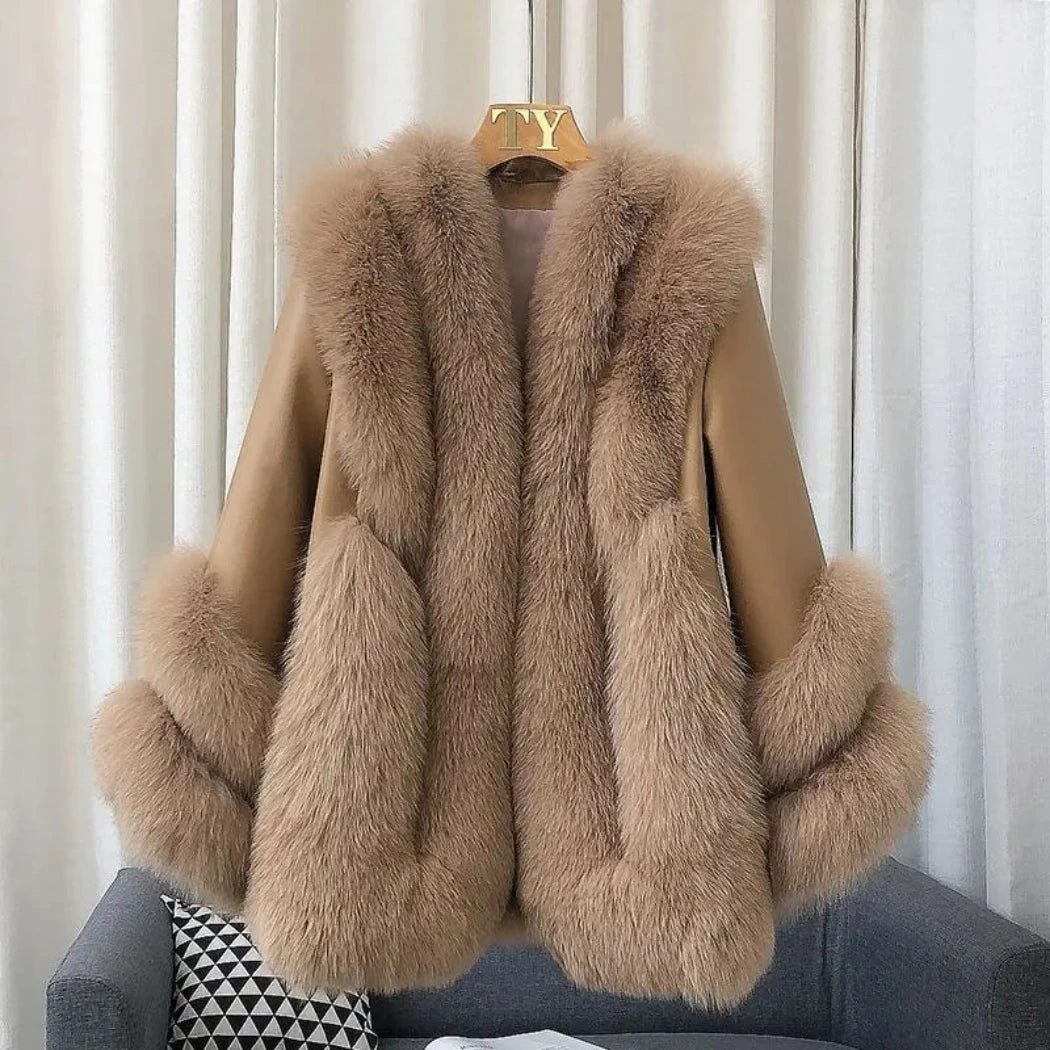 Fox Fur Leather Coat Women's - Camel