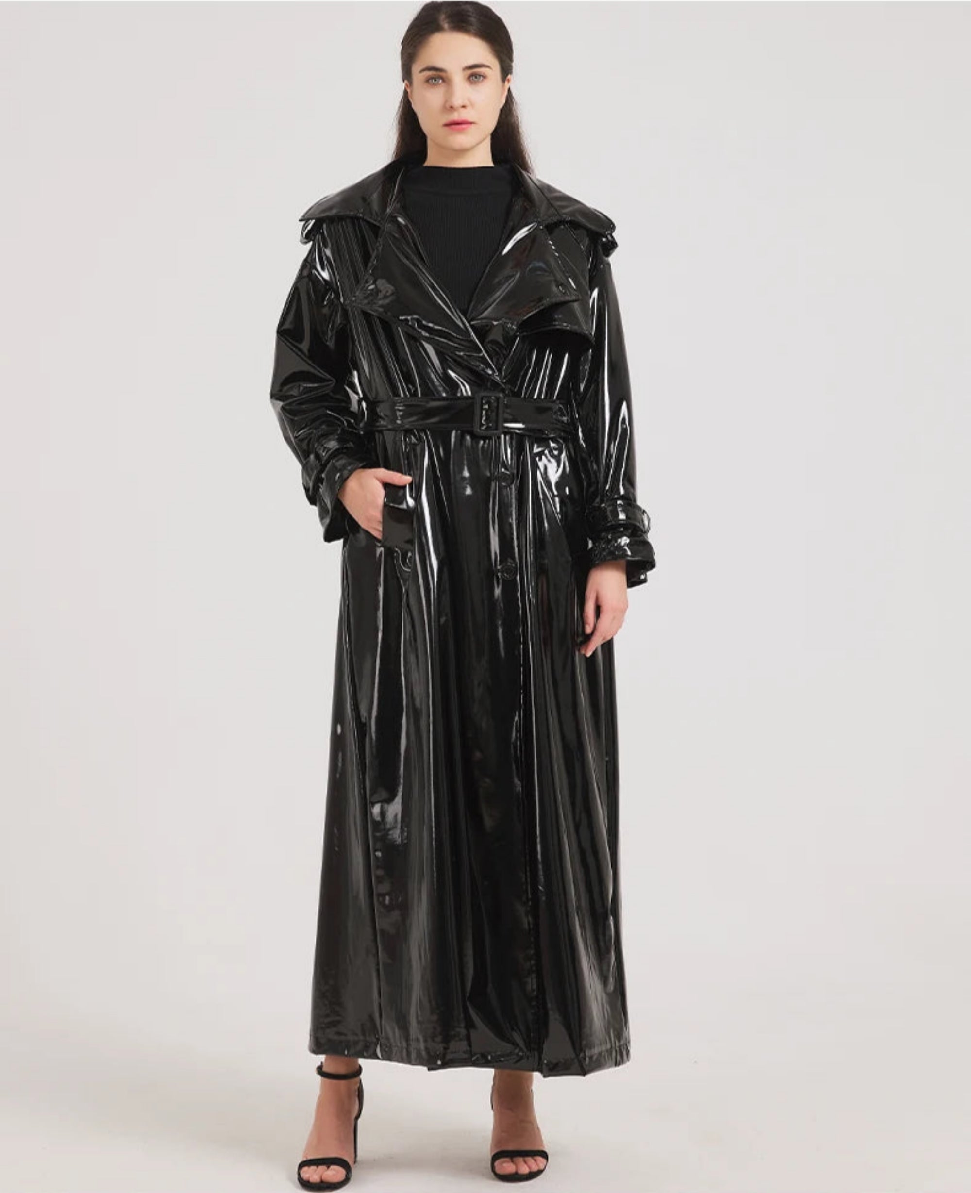 Full-Length Black Patent Vegan Leather Trench Coat