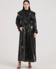 Full-Length Black Patent Vegan Leather Trench Coat