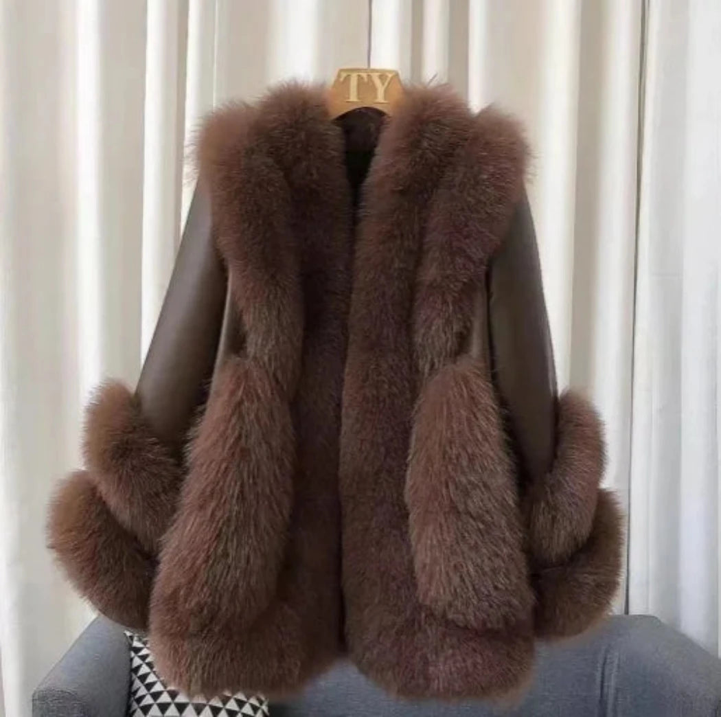 Genuine Fox Fur & Leather Jacket Women's - Heyfancystyle - Brown