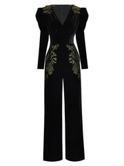 Women's Black Velvet Embroidered Jumpsuit