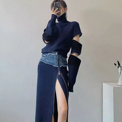 HEYFANCYSTYLE Zipper Accent Turtleneck and Skirt Set