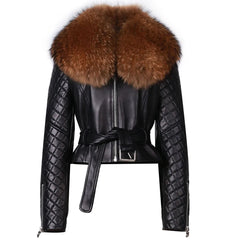 Leather Moto Jacket for Women - Real Fox Fur Trim