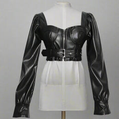 Women's Faux Leather Cropped Long Sleeve Top