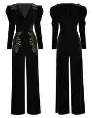 Women's Black Velvet Embroidered Jumpsuit