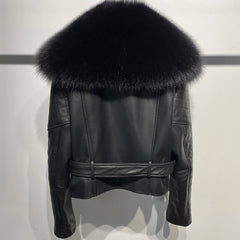 Leather Moto Jacket for Women - Real Fox Fur Trim