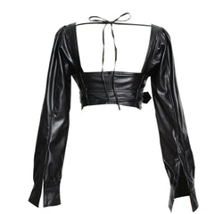 Women's Faux Leather Cropped Long Sleeve Top