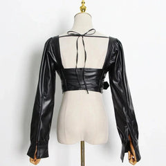 Women's Faux Leather Cropped Long Sleeve Top