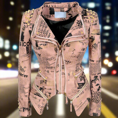 Stylish Newspaper Motorcycle Biker Studded Jacket