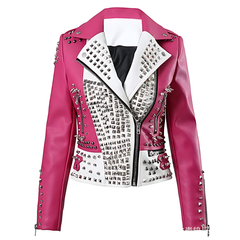 Elegant Leather Pink Studded Tiger Biker Jacket