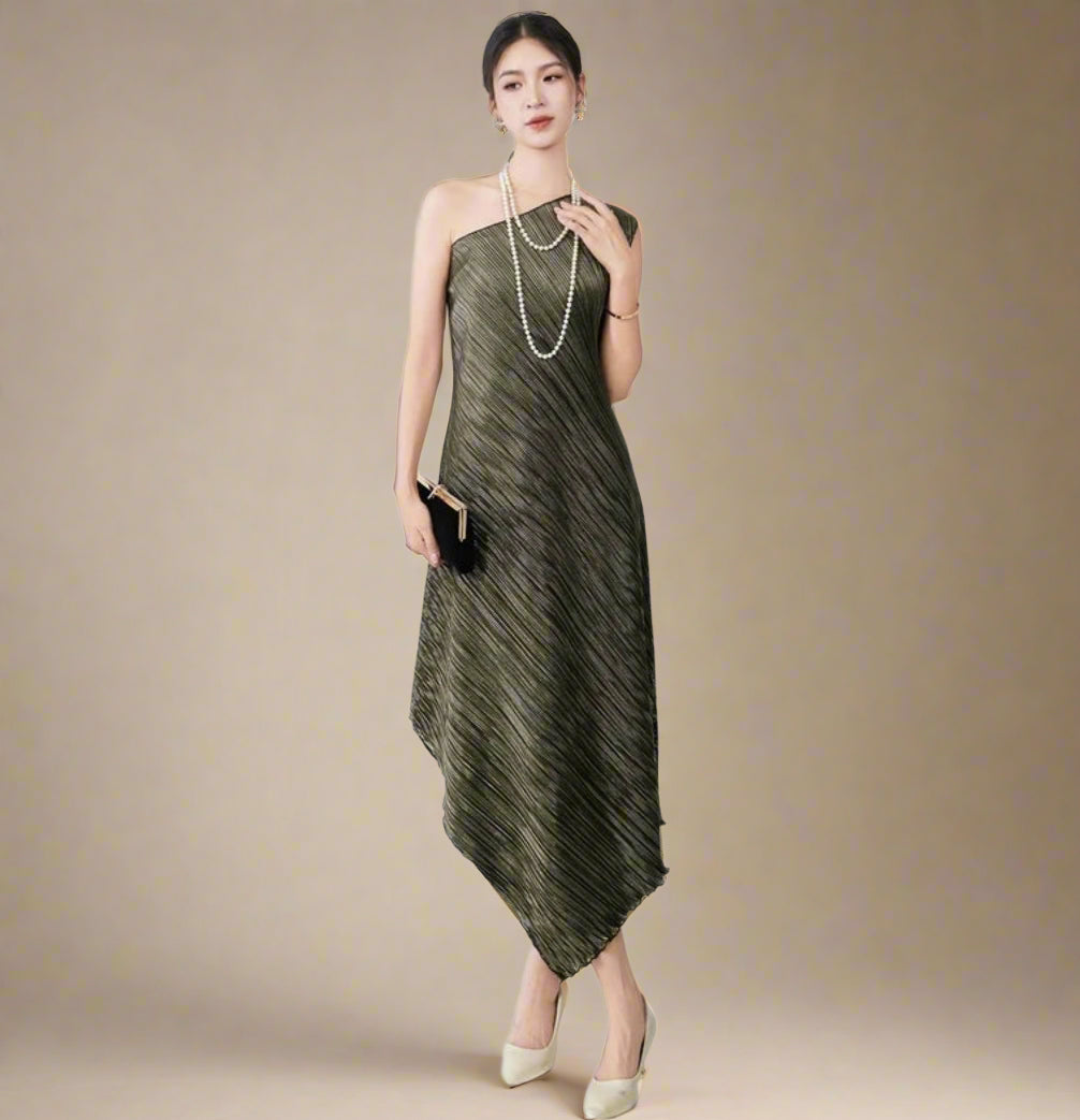 HEYFANCYSTYLE Asymmetric Plisse Designer Japanese Pleated Midi Dress