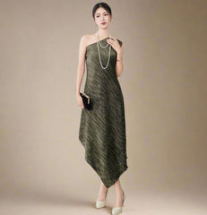HEYFANCYSTYLE Asymmetric Plisse Designer Japanese Pleated Midi Dress