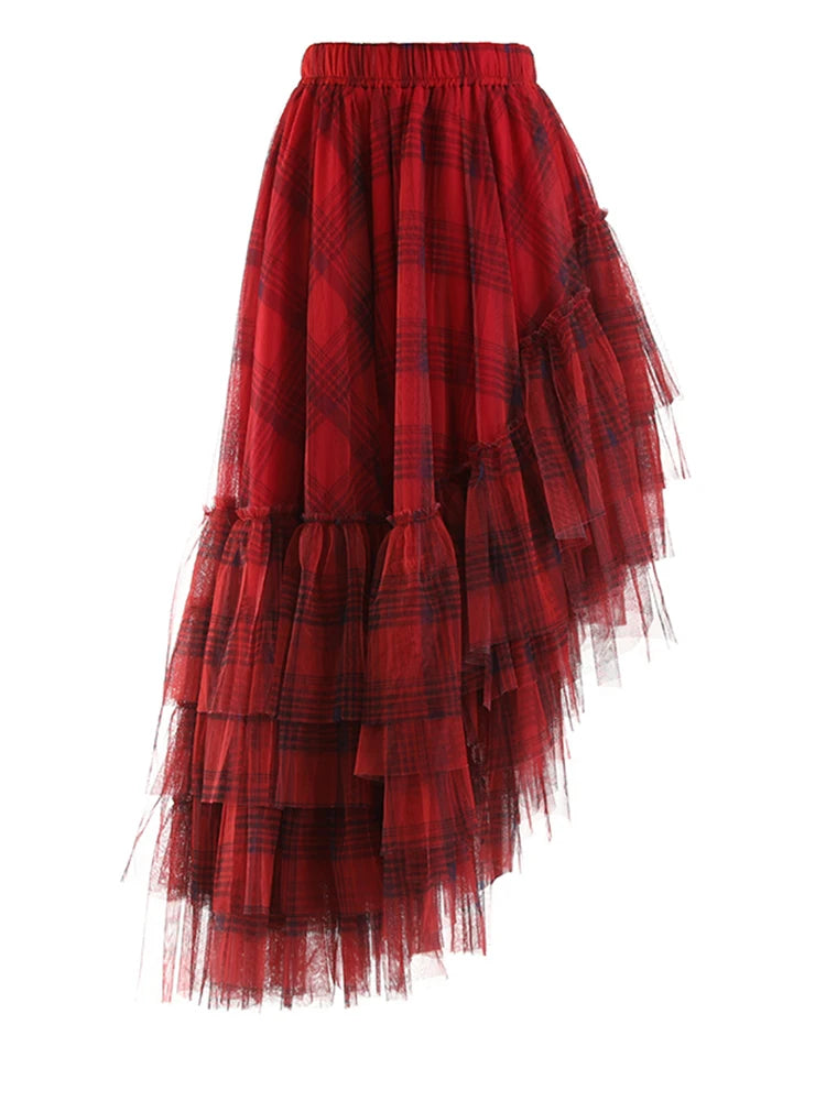 HEYFANCYSTYLE Couture Plaid Asymmetric Ruffle Tulle Pull-On Skirt