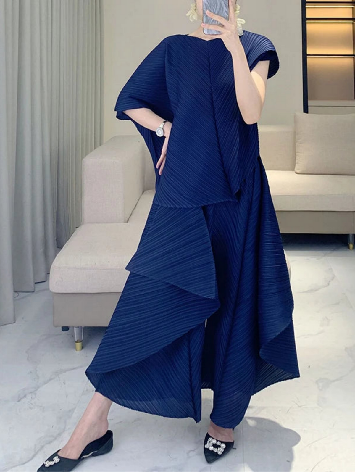 HEYFANCYSTYLE Designer Cruise Wear Resort Style Japanese Pleated Pant Set