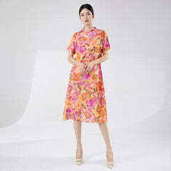 HEYFANCYSTYLE Designer Floral Plisse Midi Dress Elegant Japanese Pleat