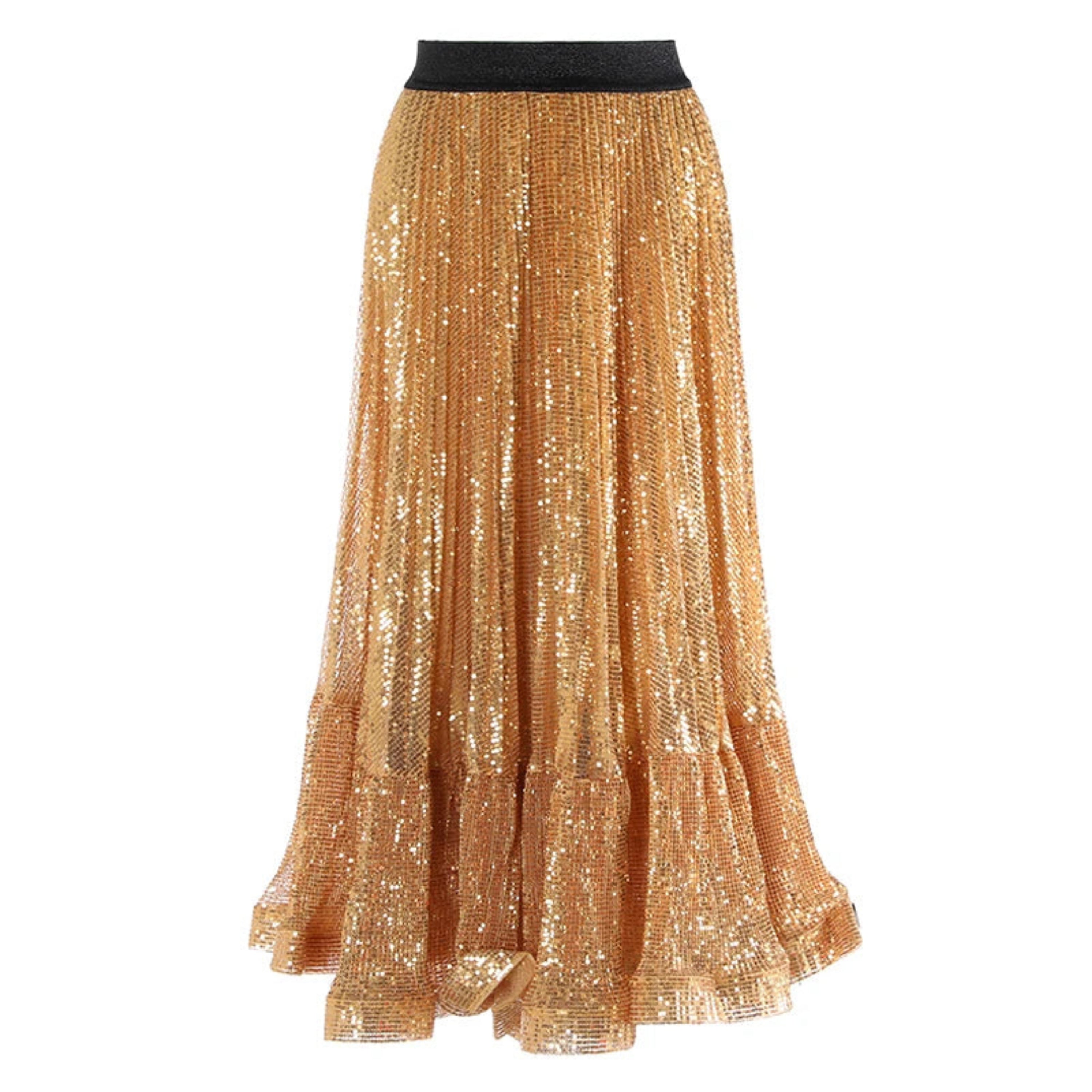 HEYFANCYSTYLE Designer Glimmer Sequin Ruffled Midi Skirt