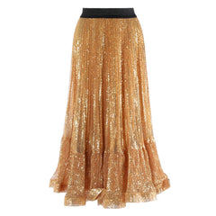 HEYFANCYSTYLE Designer Glimmer Sequin Ruffled Midi Skirt