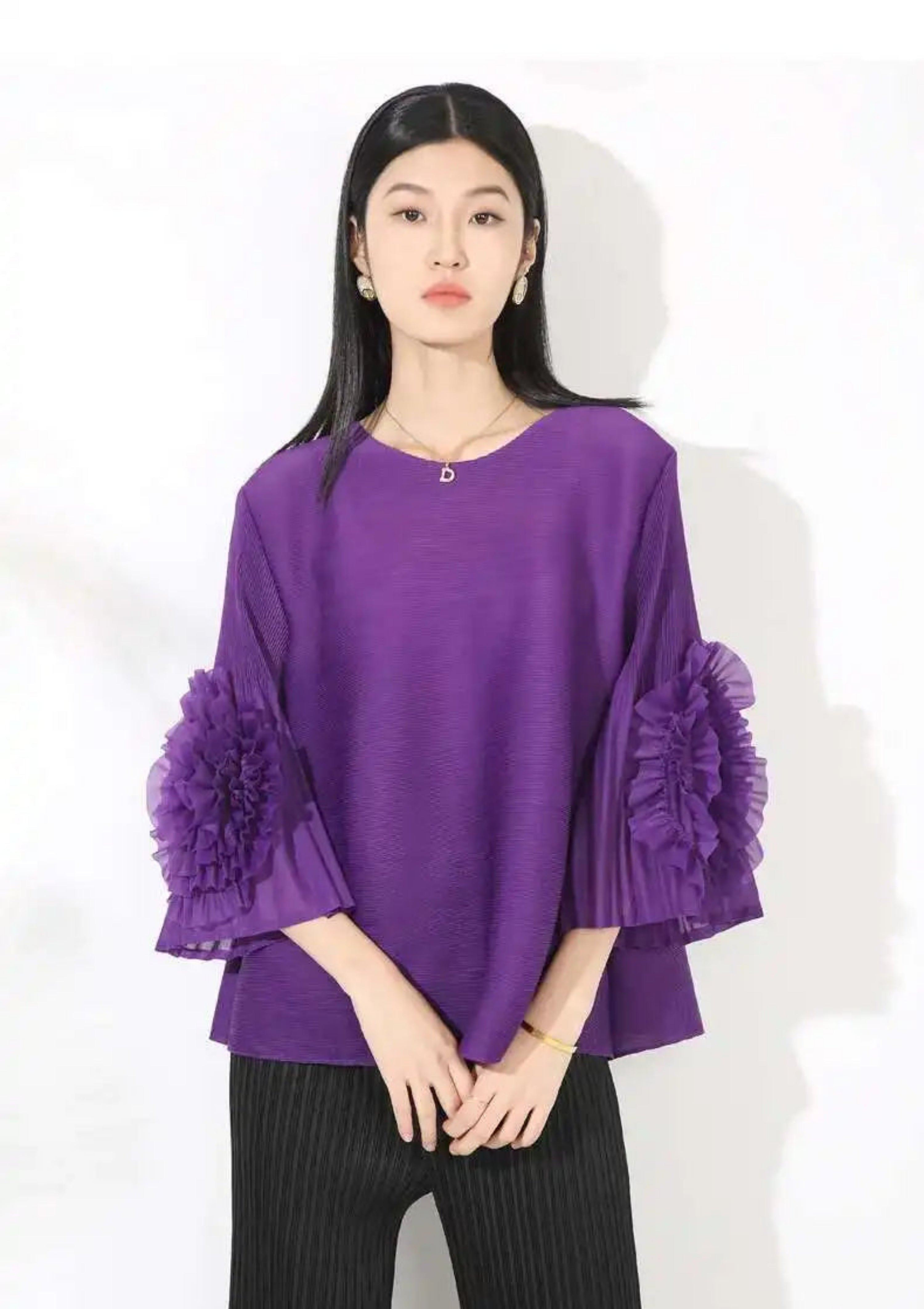 HEYFANCYSTYLE Designer Japanese Pleat Plisse Ruffle Sleeve Blouse Top