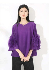 HEYFANCYSTYLE Designer Japanese Pleat Plisse Ruffle Sleeve Blouse Top