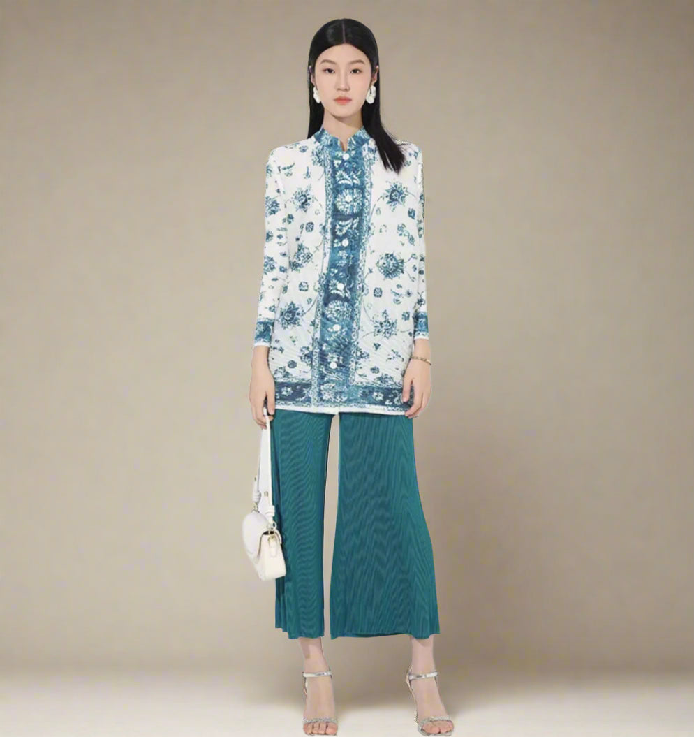 HEYFANCYSTYLE Designer Japanese Pleated Blouse & Palazzo Pant Set