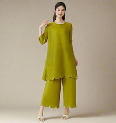 HEYFANCYSTYLE Designer Japanese Pleated Pearl Trim Tunic Top & Pants