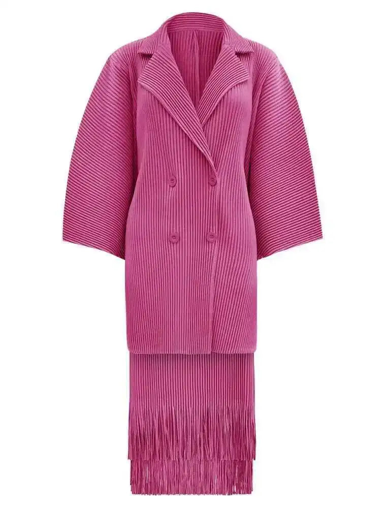 HEYFANCYSTYLE Designer Japanese Pleated Plissé Long Skirt & Blazer Ensemble