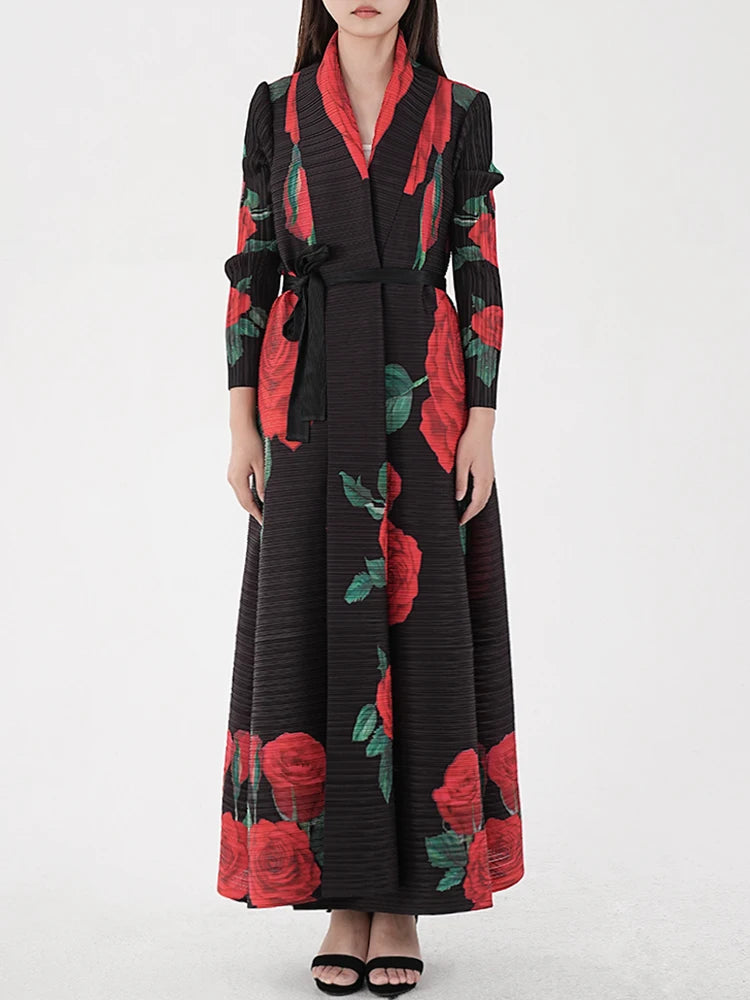 HEYFANCYSTYLE Designer Japanese Pleated Plisse Rose Print Longline Coat