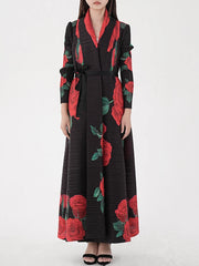 HEYFANCYSTYLE Designer Japanese Pleated Plisse Rose Print Longline Coat