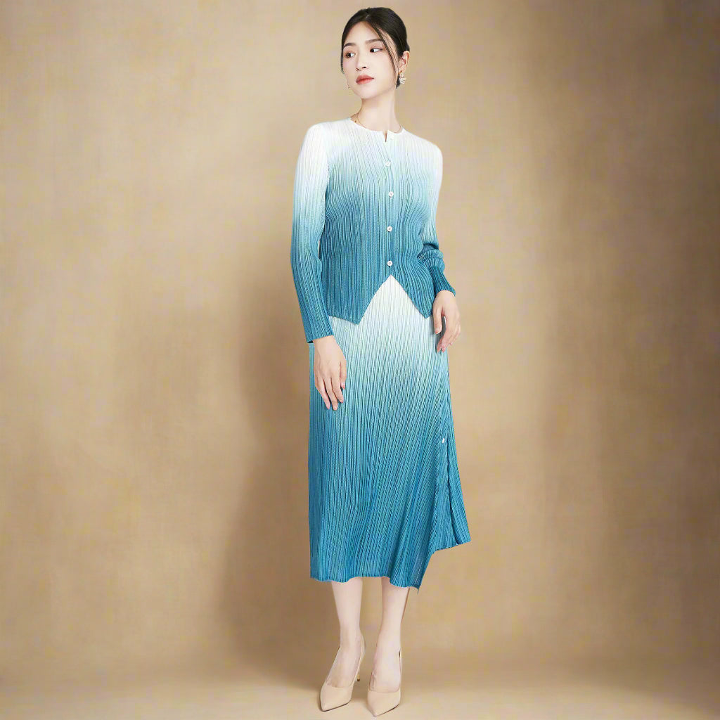HEYFANCYSTYLE Designer Japanese Plissé Ombre Blouse Top & Skirt Set Women