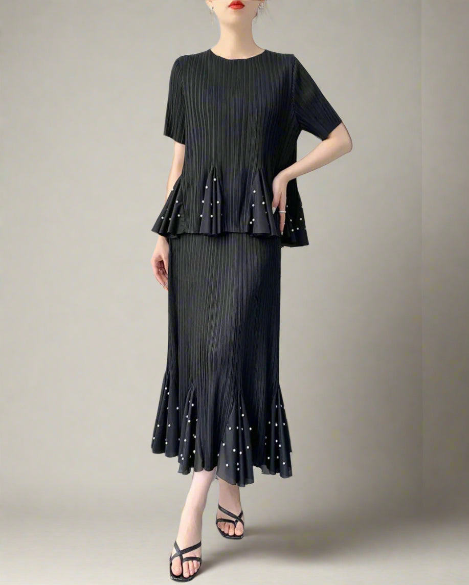 HEYFANCYSTYLE Designer Japanese Plissé Peplum Top and Midi Skirt Set