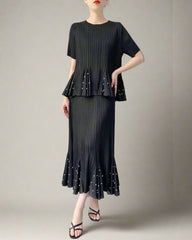 HEYFANCYSTYLE Designer Japanese Plissé Peplum Top and Midi Skirt Set