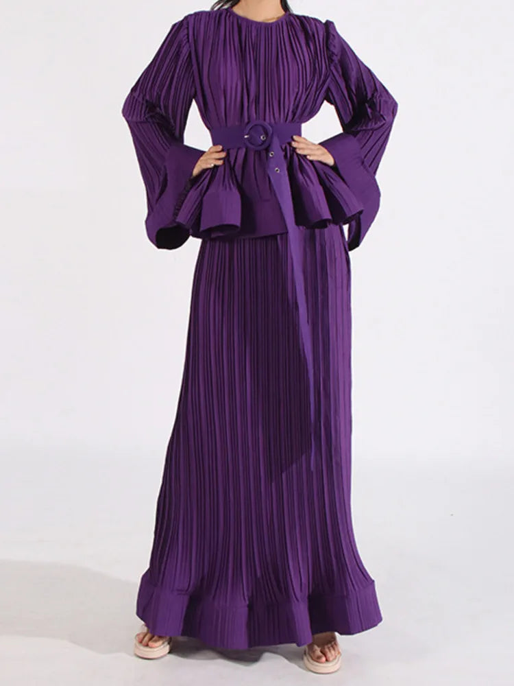 HEYFANCYSTYLE Designer Japanese Plissé Pleated Long Skirt Set for Women