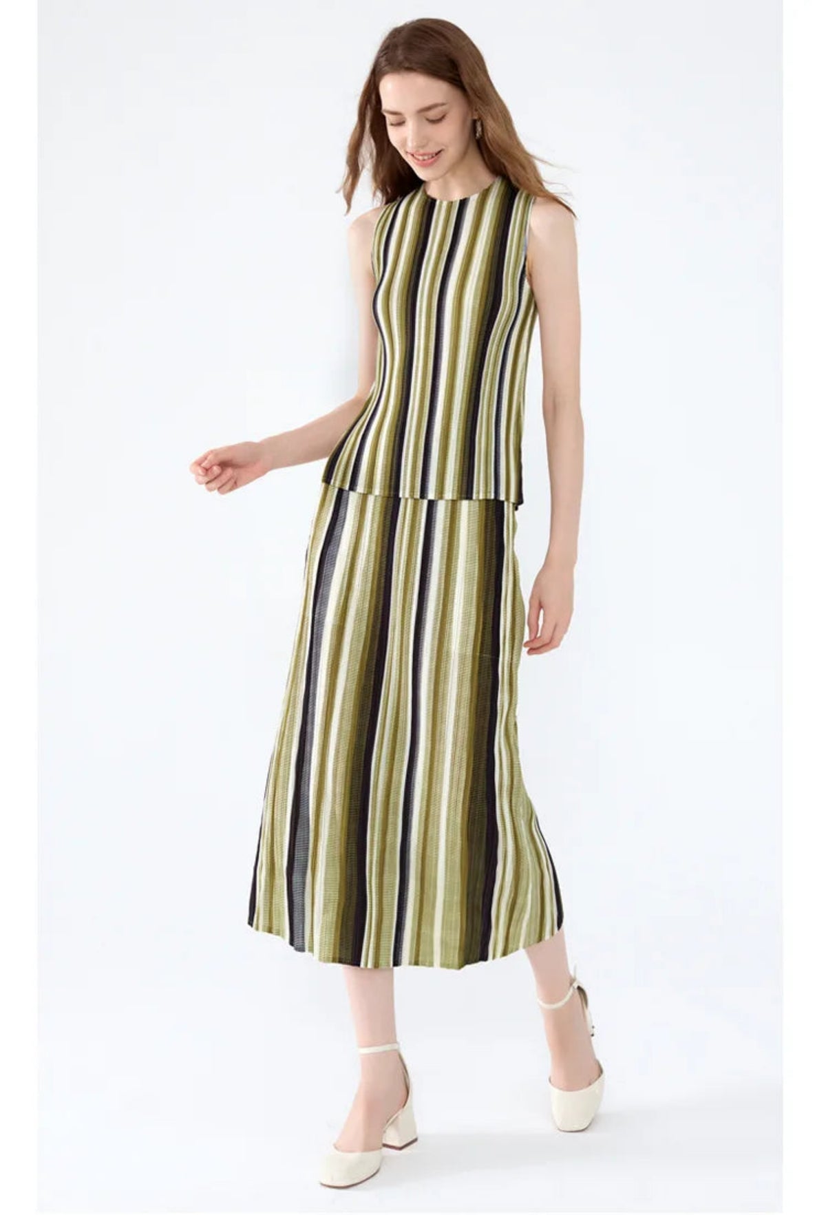 HEYFANCYSTYLE Designer Japanese Plissé Pleated Striped Top & Skirt Two-Piece Set