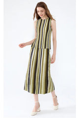 HEYFANCYSTYLE Designer Japanese Plissé Pleated Striped Top & Skirt Two-Piece Set