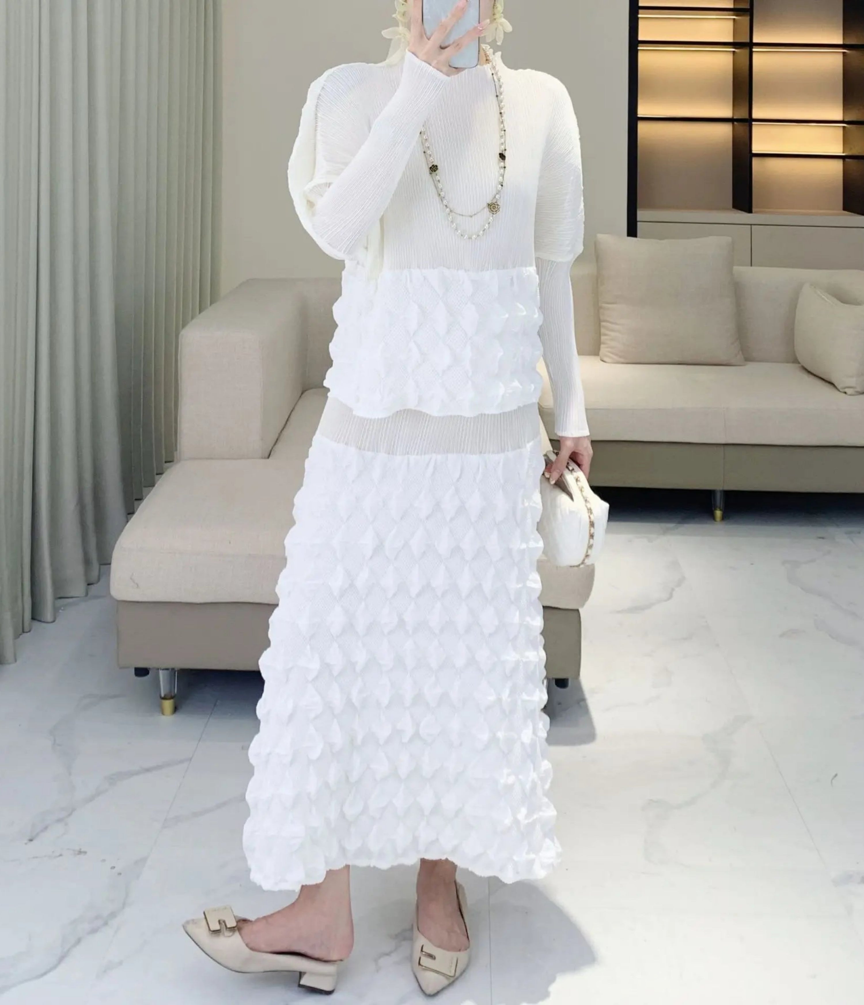 HEYFANCYSTYLE Designer Plissé Japanese Textured Skirt Set