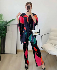 HEYFANCYSTYLE Designer Plissé Pleat Set: Luxury Trousers and Top