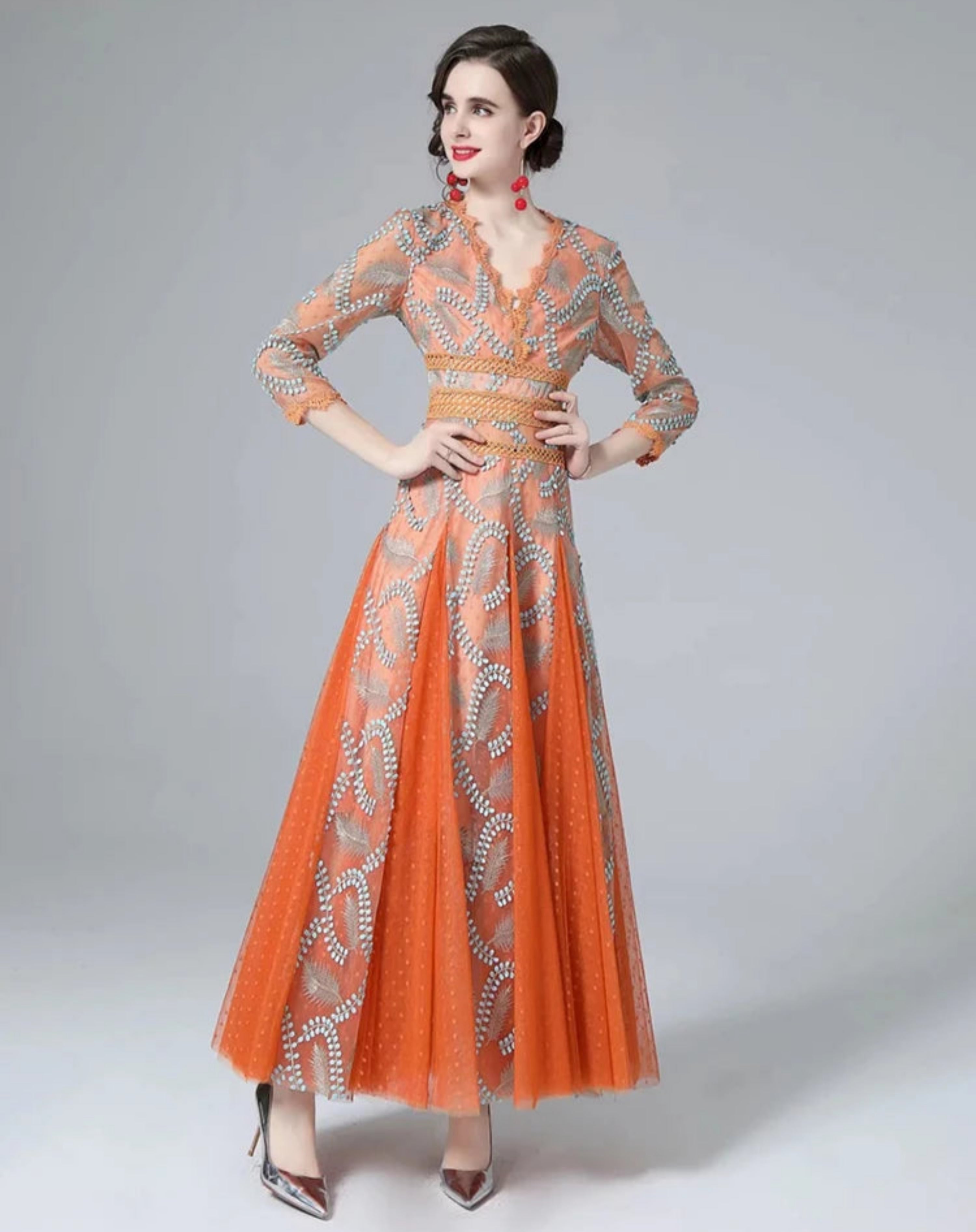 HEYFANCYSTYLE Female Couture Mesh Intricate Embroidery Evening Dress
