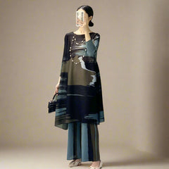 HEYFANCYSTYLE Female Couture Ombre Luxury Japanese Plissé Tunic & Pant