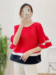 HEYFANCYSTYLE Female Couture Pleated Stripe Designer Plissé Top 3/4 Sleeve